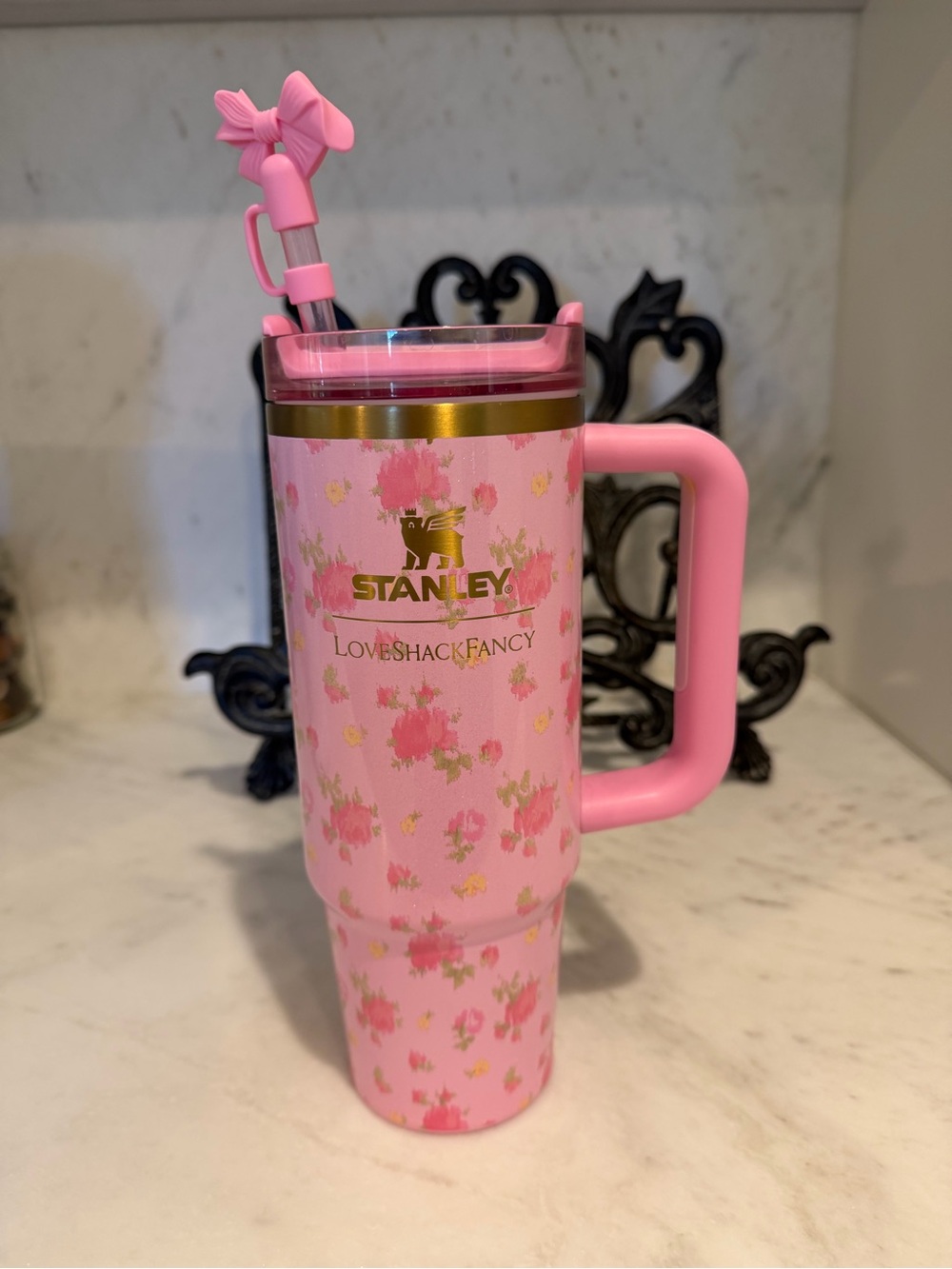 Loveshackfancy Stanley Pink Floral Travel Mug with Handle and Straw